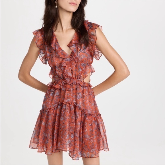 Misa Dress Jolie Ruffle Cutout Mini In Red Aranciatta Paisley